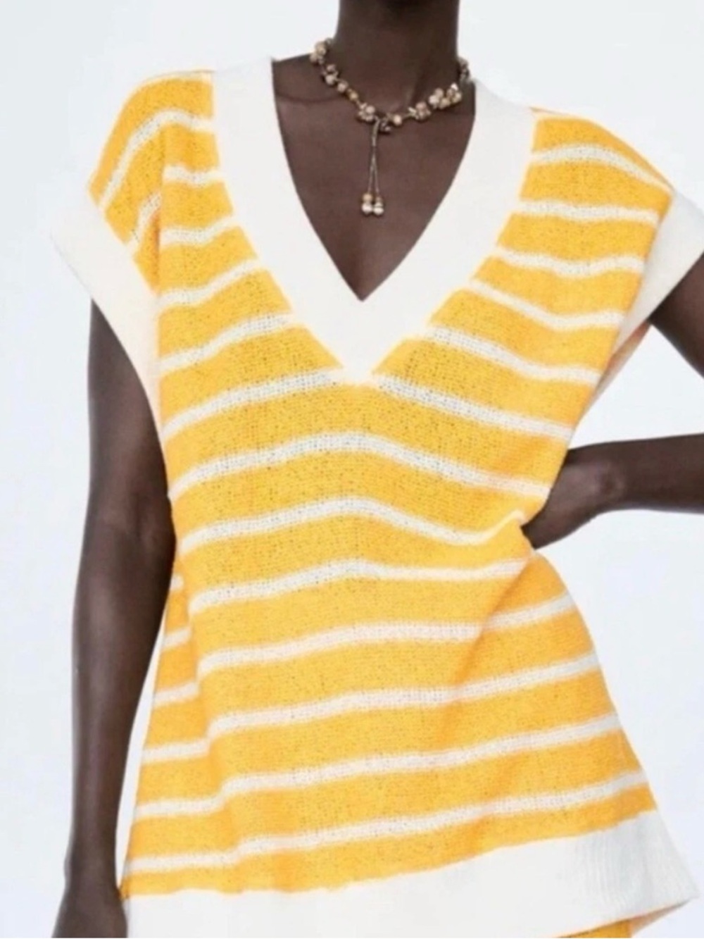 Zara Striped Yellow Knit V-Neck Sweater Vest - SZ M